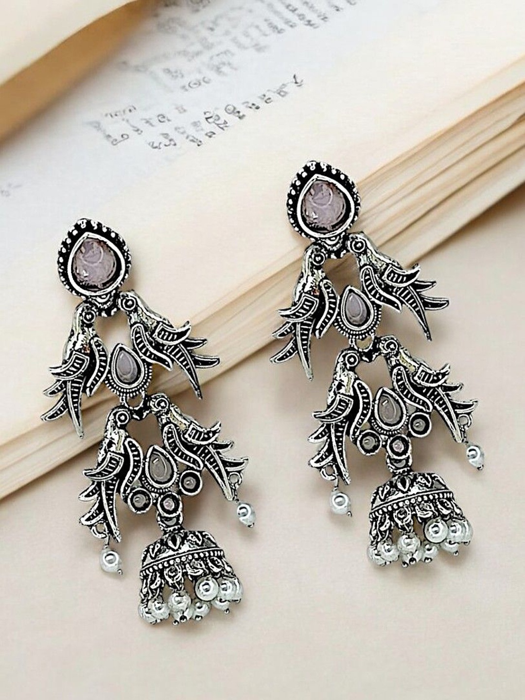 

9blings Silver Plated Artificial Stones & Beads Studded Dome Shaped Drop Earrings