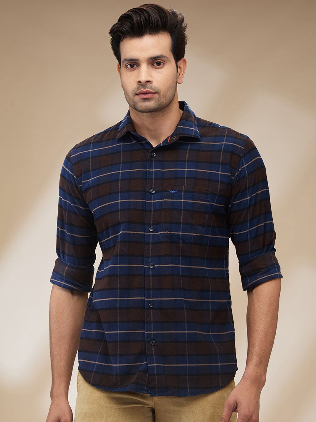 

Park Avenue Men Spread Collar Checked Cotton Slim Fit Casual Shirt, Navy blue