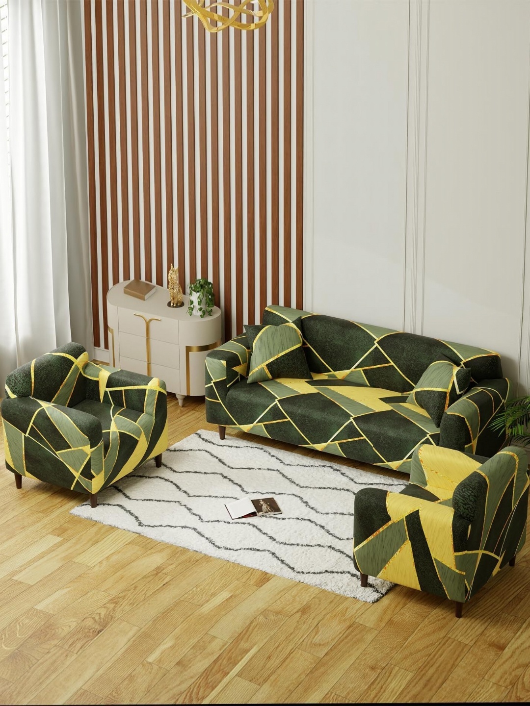 

Aura Green & Yellow Printed 5 Seater Sofa Covers With Arms