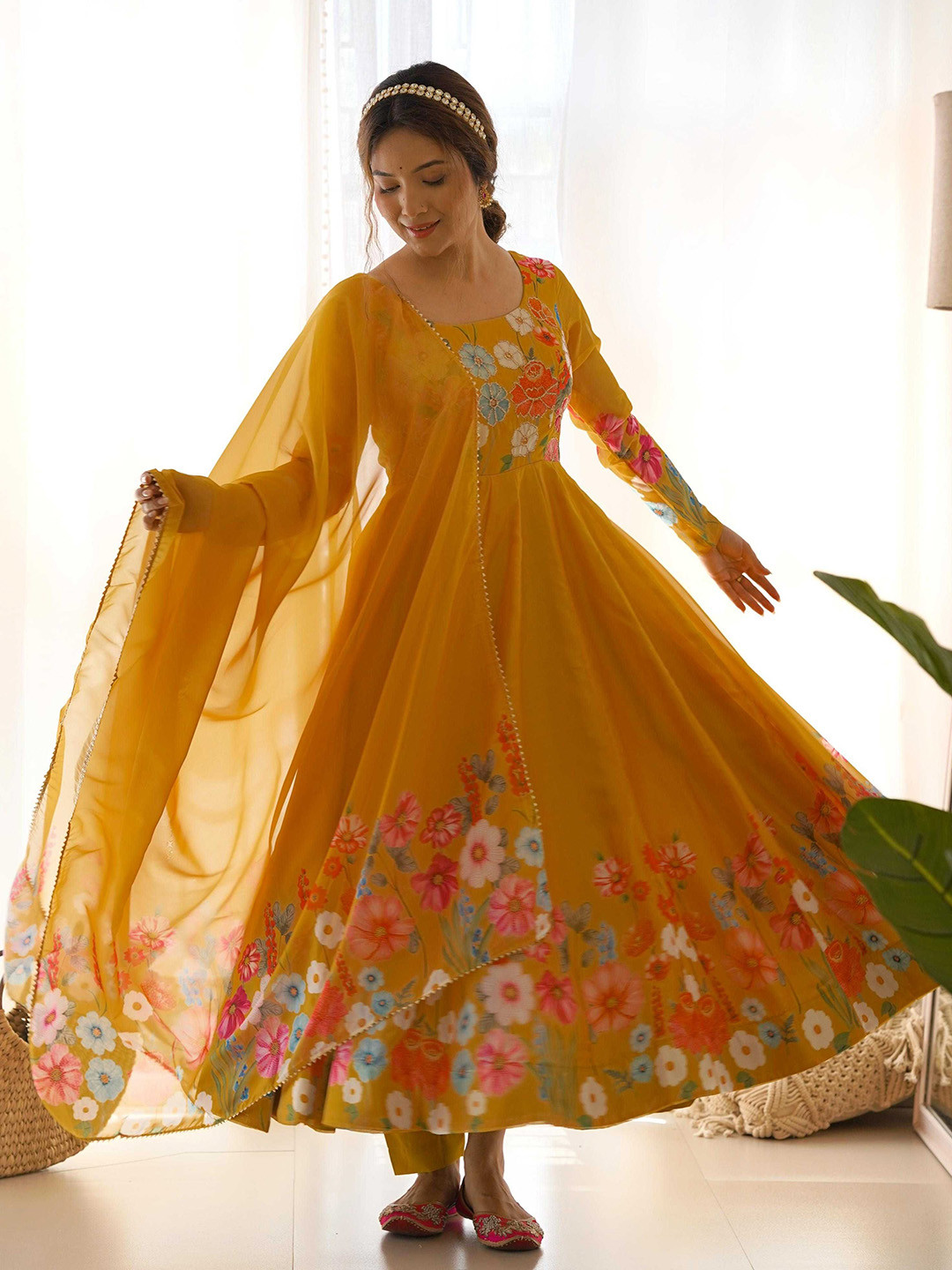 

Tanhai Women Floral Printed Empire Kurta with Trouser & Dupatta, Mustard