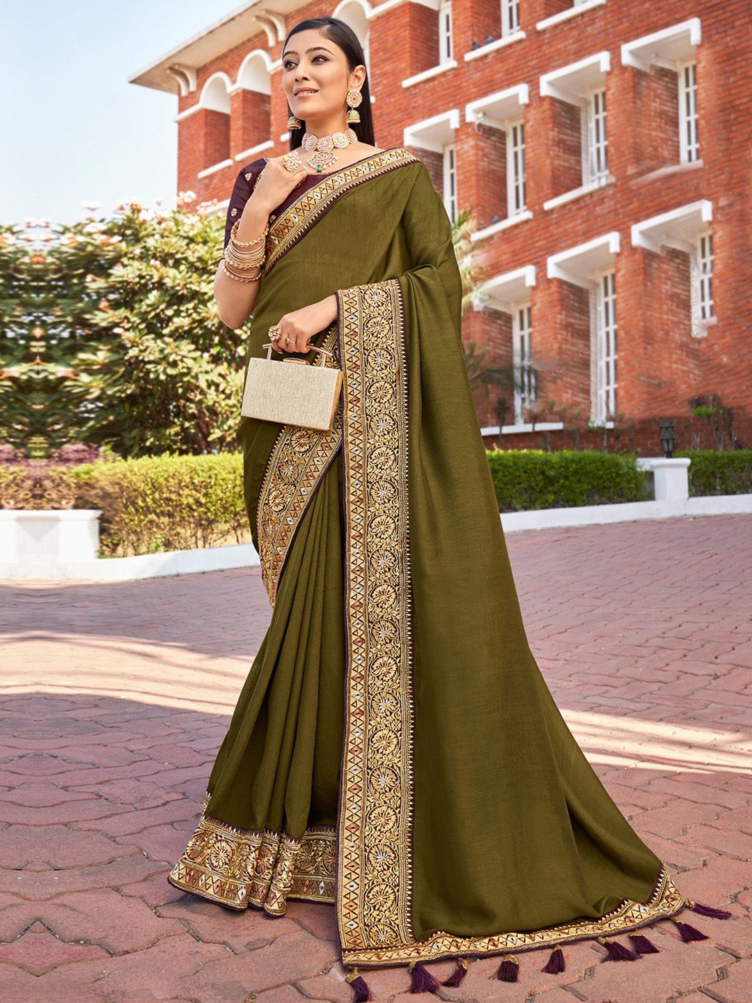 

Mitera Woven Design Saree, Olive