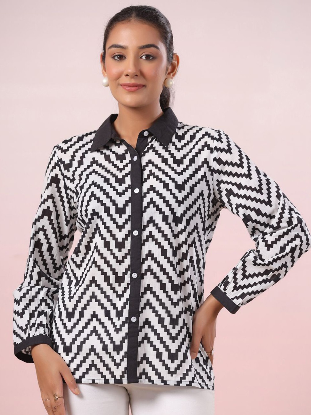 

LYFJ Women New Spread Collar Abstract Printed Cotton Casual Shirt, White