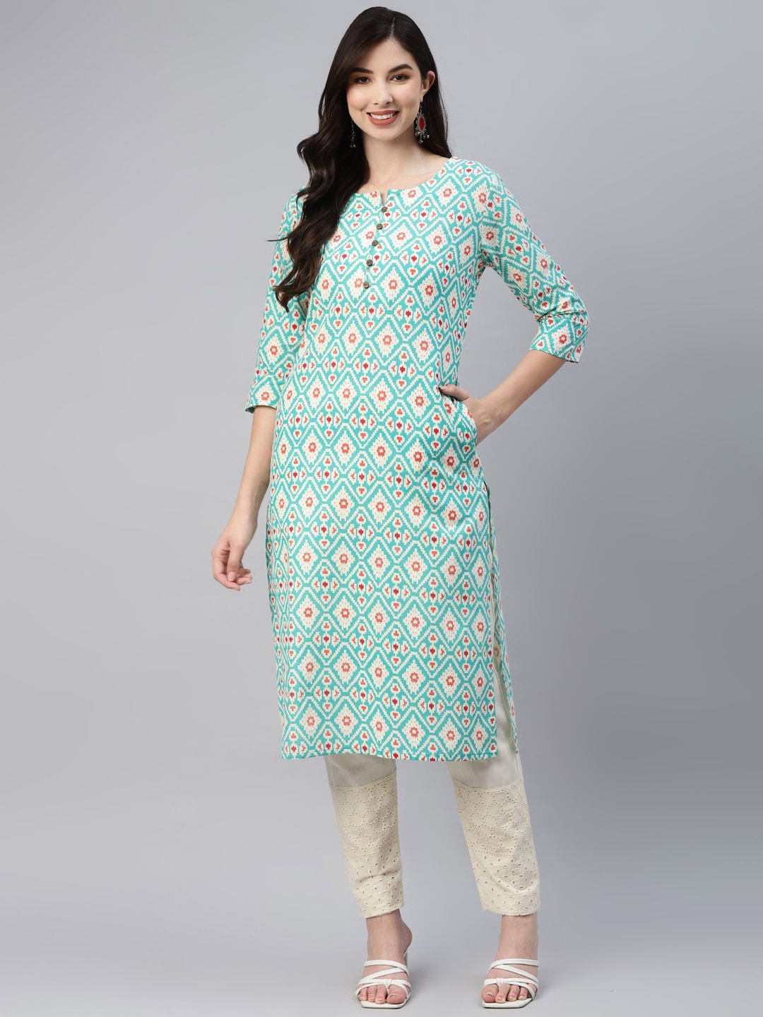 

BAESD Women Cold-Shoulder Sleeves Kurta, Turquoise blue