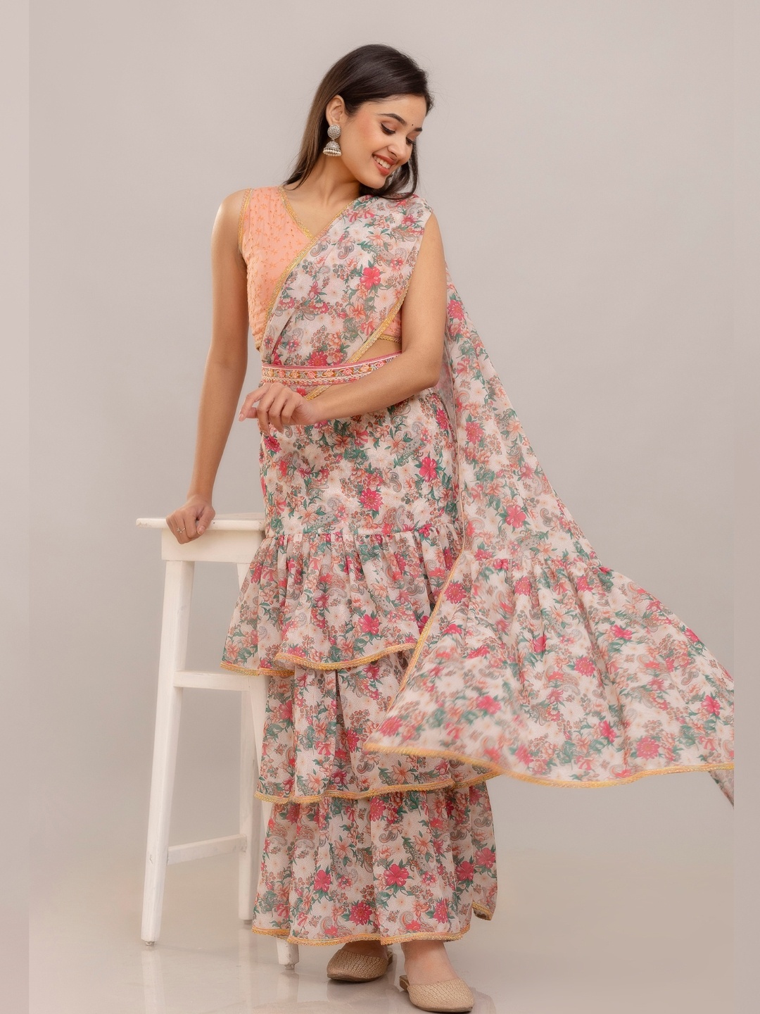 

Jaipurite Floral Printed Ready to Wear Block Print Saree, Pink