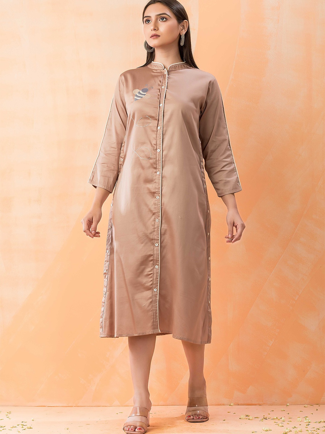 

SACRED SUTA Women Abstract Printed A-Line Midi Dress, Peach