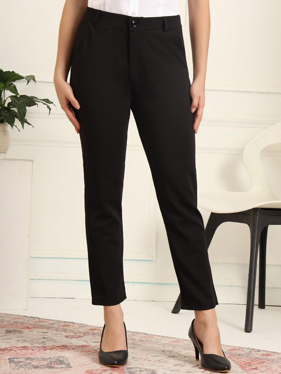 

FITHUB Women Solid High-Rise Wrinkle Free Trousers, Black