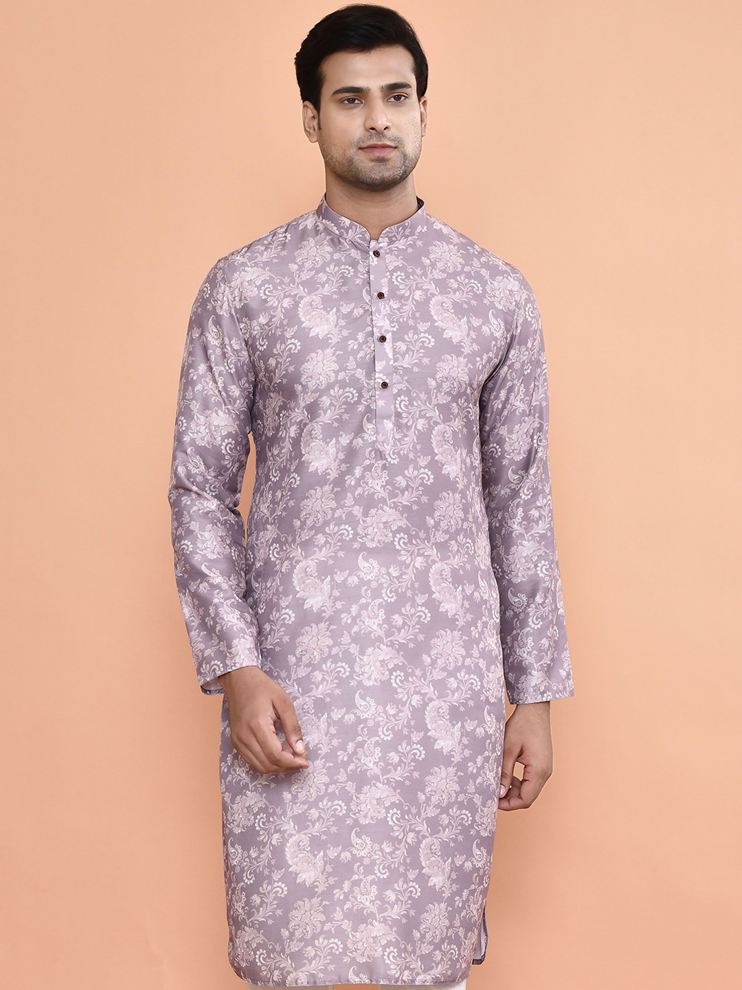 

MAAHI FABS Men Woven Design Mandarin Collar Thread Work Kurta, Brown