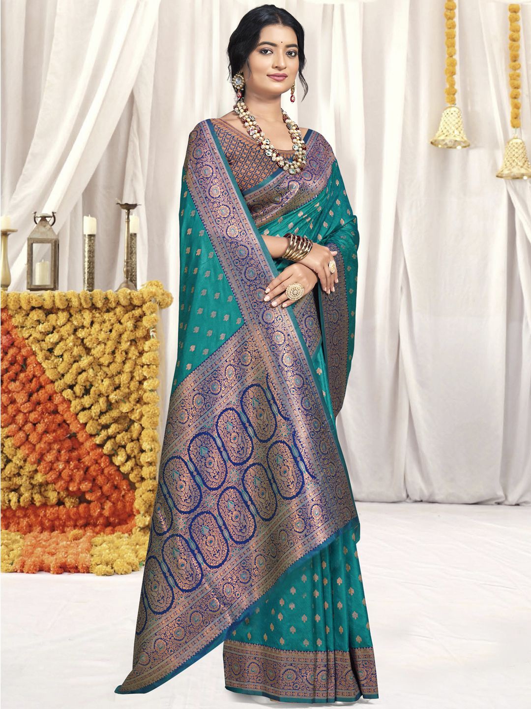 

SANGAM PRINTS Woven Design Zari Silk Blend Tussar Saree, Blue