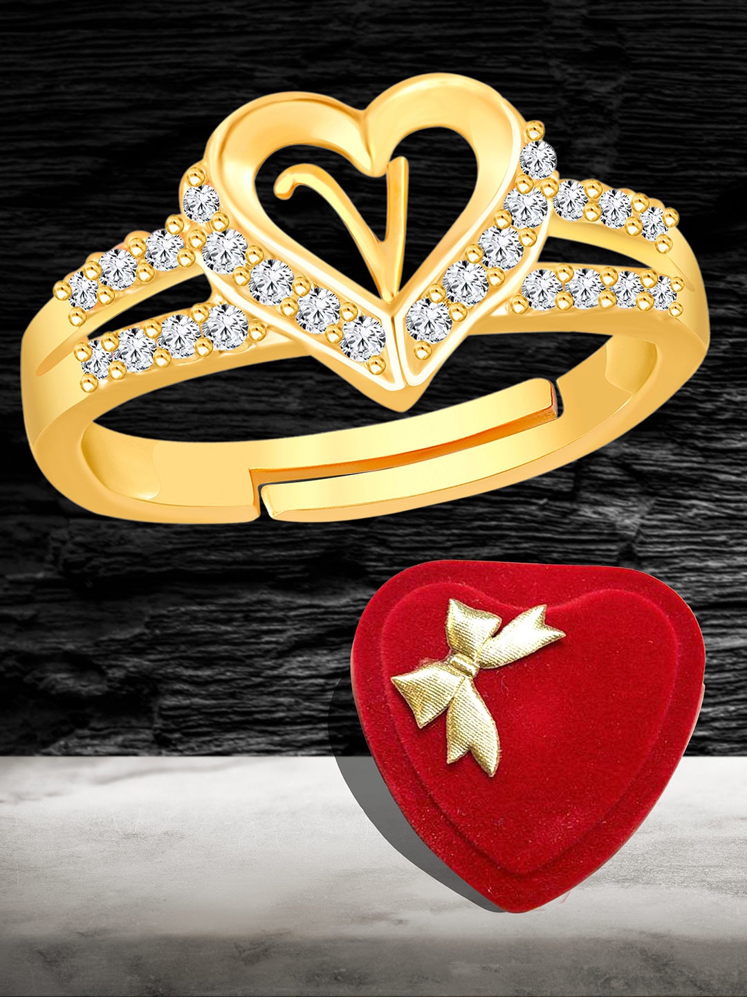 

Heer Collection Gold Plated American Diamond Studded Alphabet V Adjustable Finger Ring