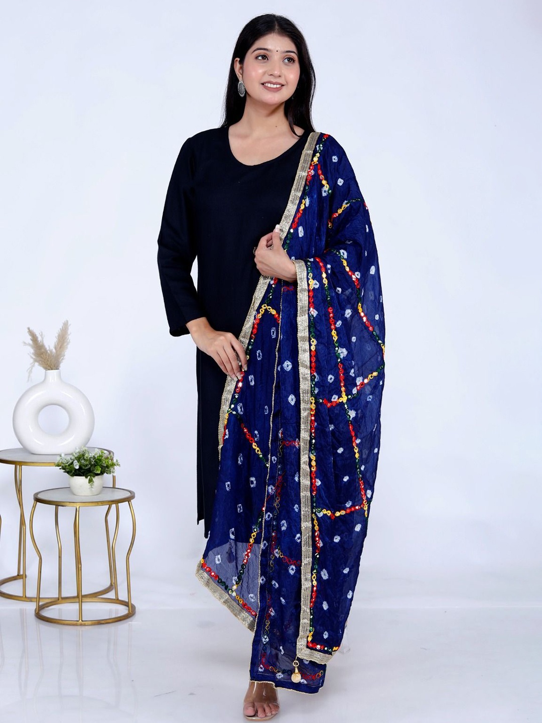 

VL SAREES Embroidered Bandhani Dupatta with Mirror Work, Blue
