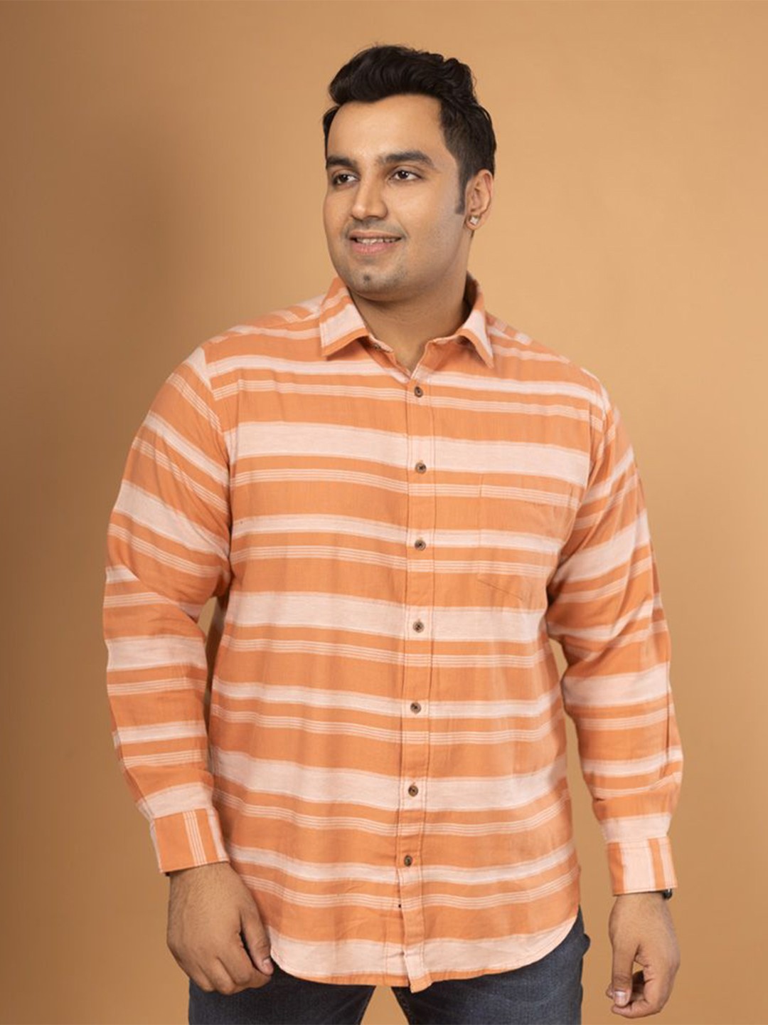 

Sizeupp Size Comfort Spread Collar Horizontal Striped Cotton Casual Men Plus Shirt, Rust