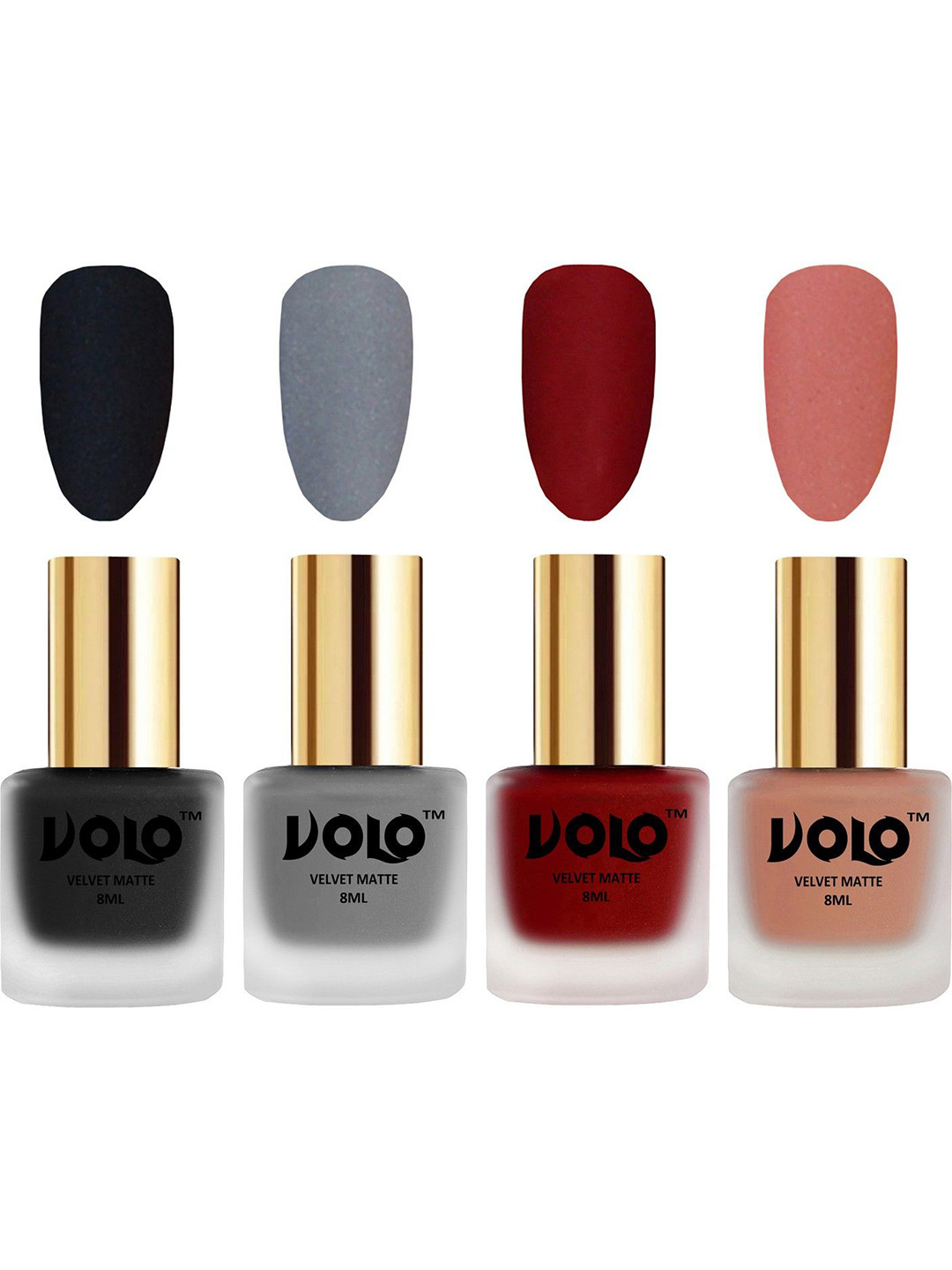 

VOLO Set Of 4 Velvet Matte Nail Polish - 8 ml Each - Tomato Red-Light Peach-Black-Grey