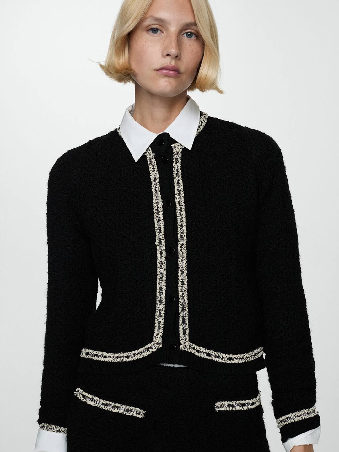 

MANGO Tweed Jacket with Contrast Trims, Black