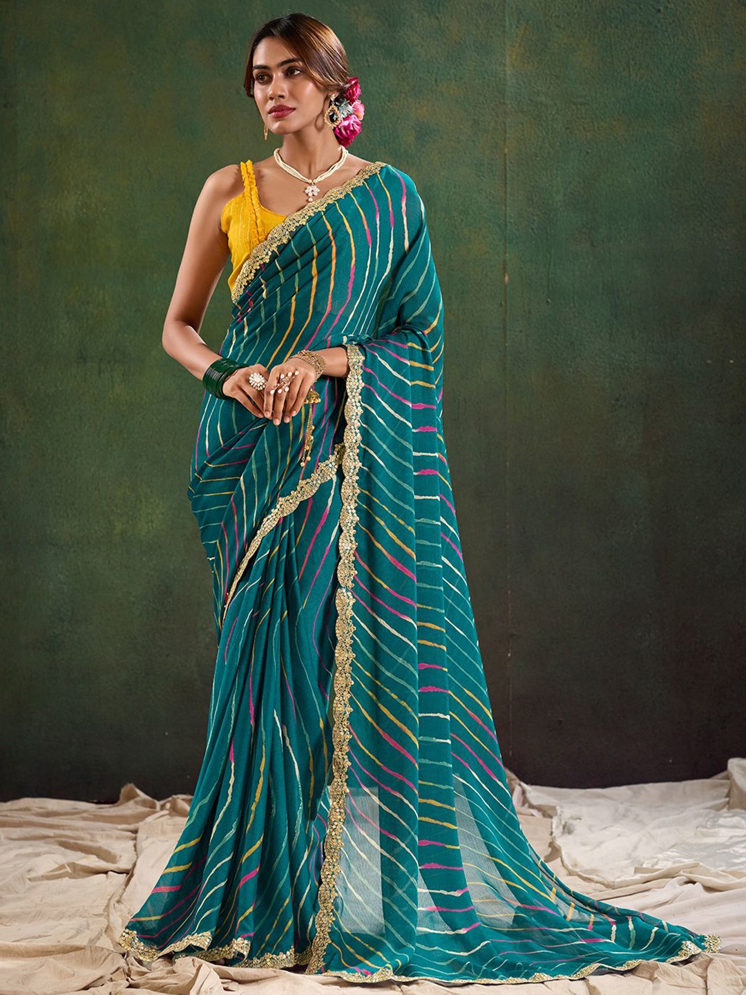

Panzora Leheriya Embroidered Poly Chiffon Saree, Teal
