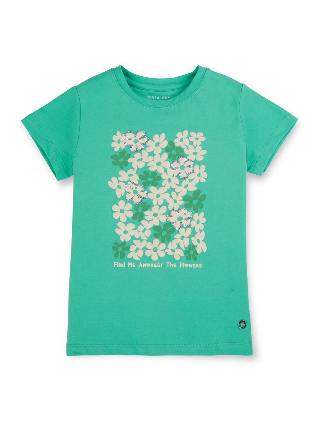 

Gini and Jony Girls Floral Printed Round Neck Cotton Embellished T-Shirt, Sea green