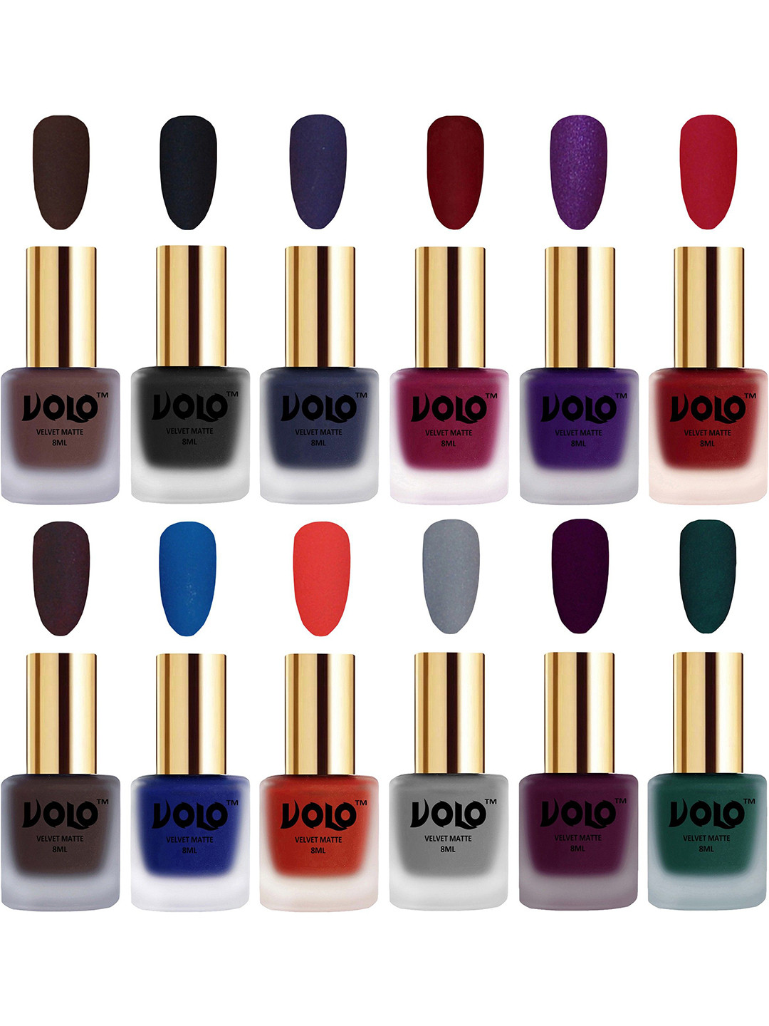 

VOLO Set Of 12 Velvet Matte Nail Polish - 8 ml Each - Coral - Light Wine - Metallic Dark, Multi