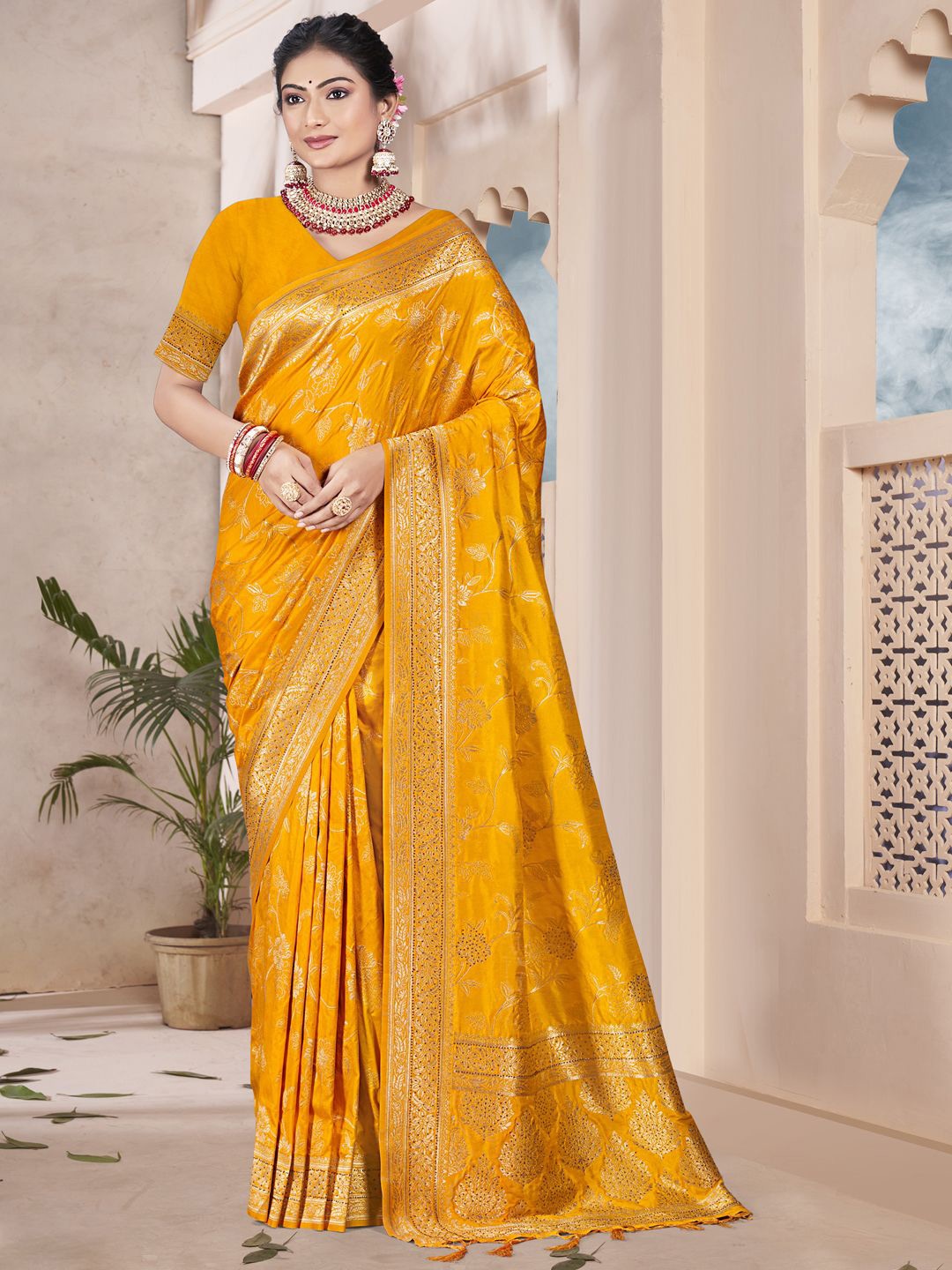 

SANGAM PRINTS Woven Design Zari Silk Blend Tussar Saree, Mustard