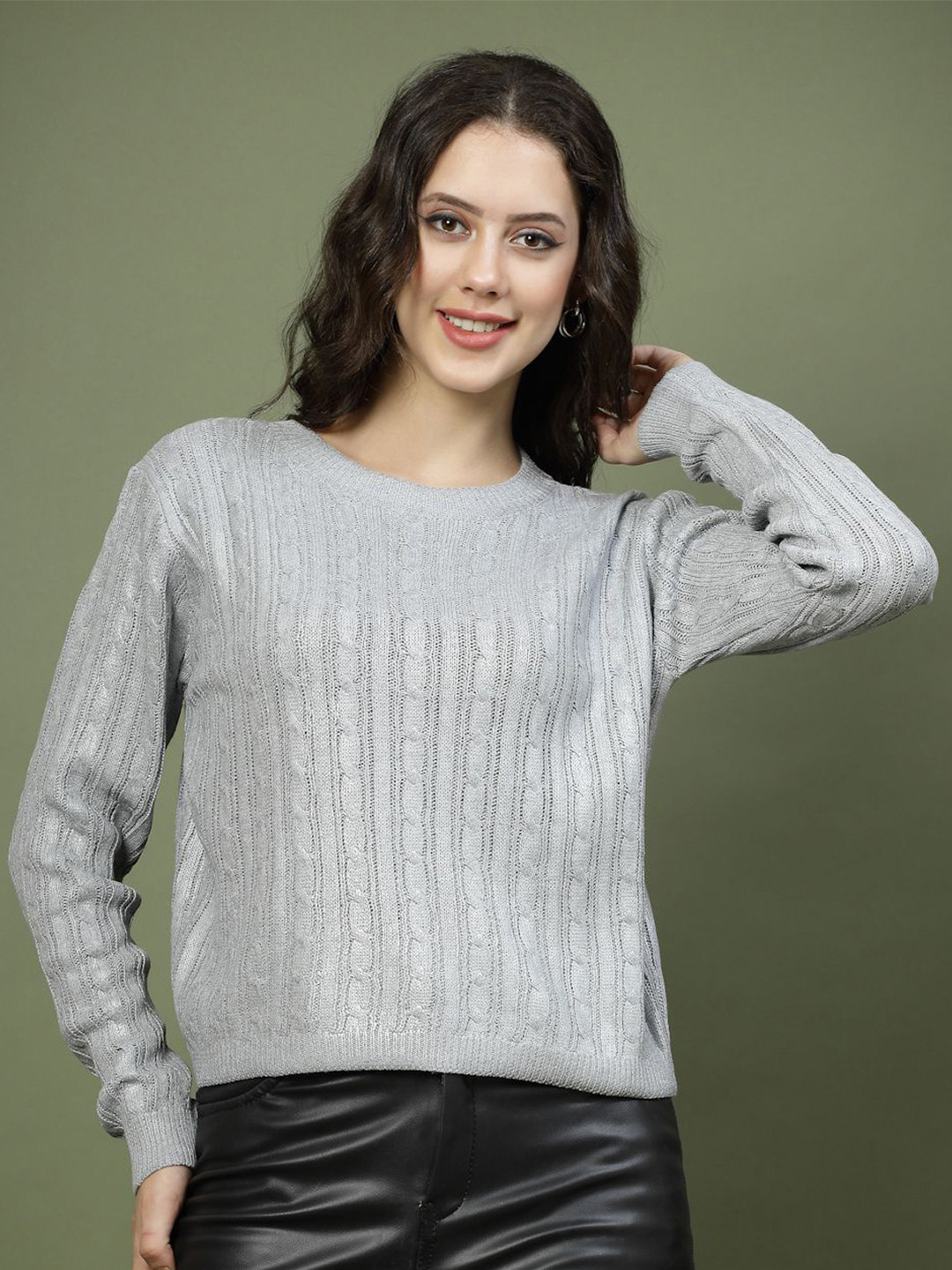 

Mafadeny Women Self Design Round Neck Top, Grey