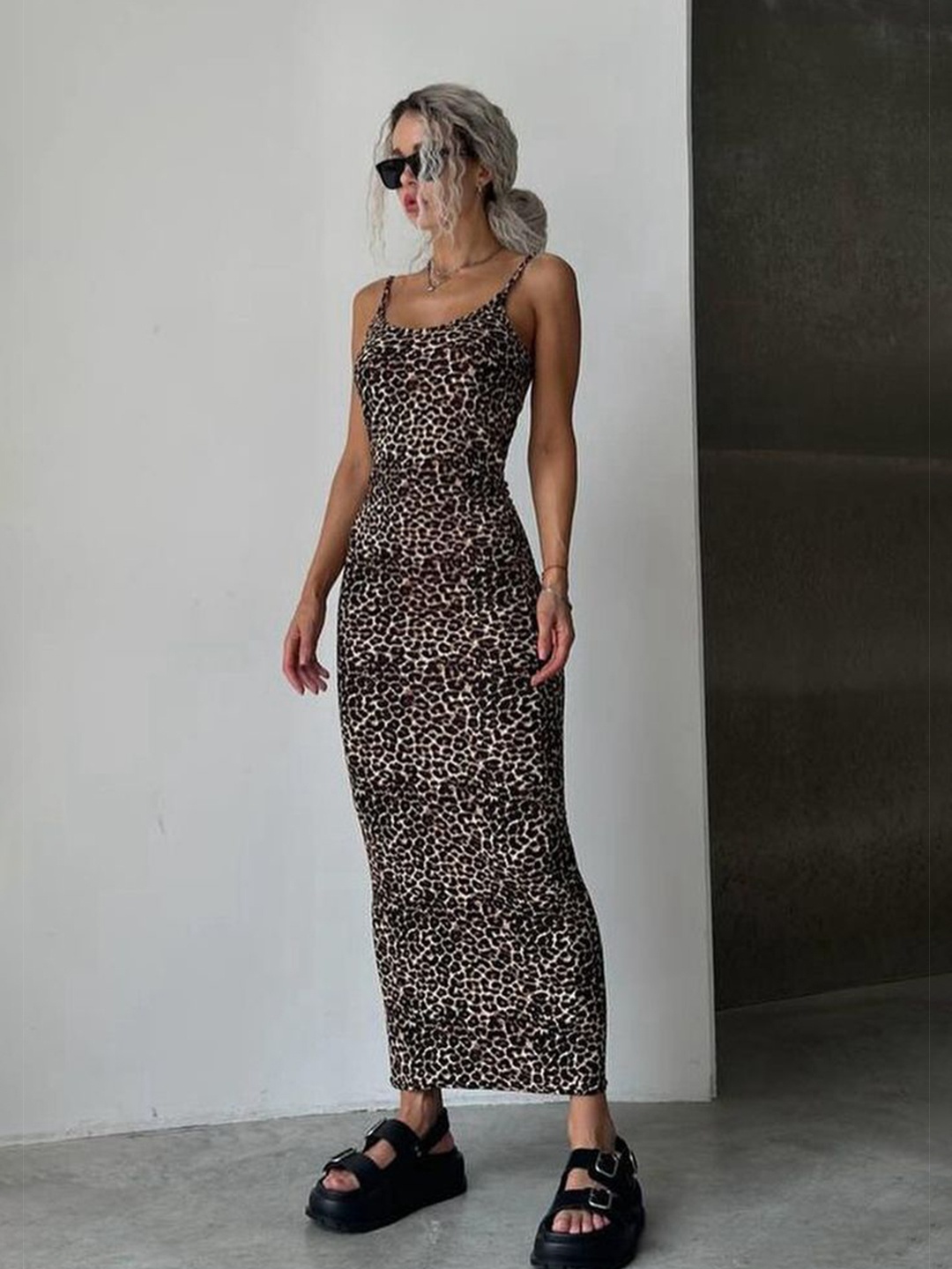 

LULU & SKY Women Animal Printed Shoulder Straps Maxi Dress, Brown
