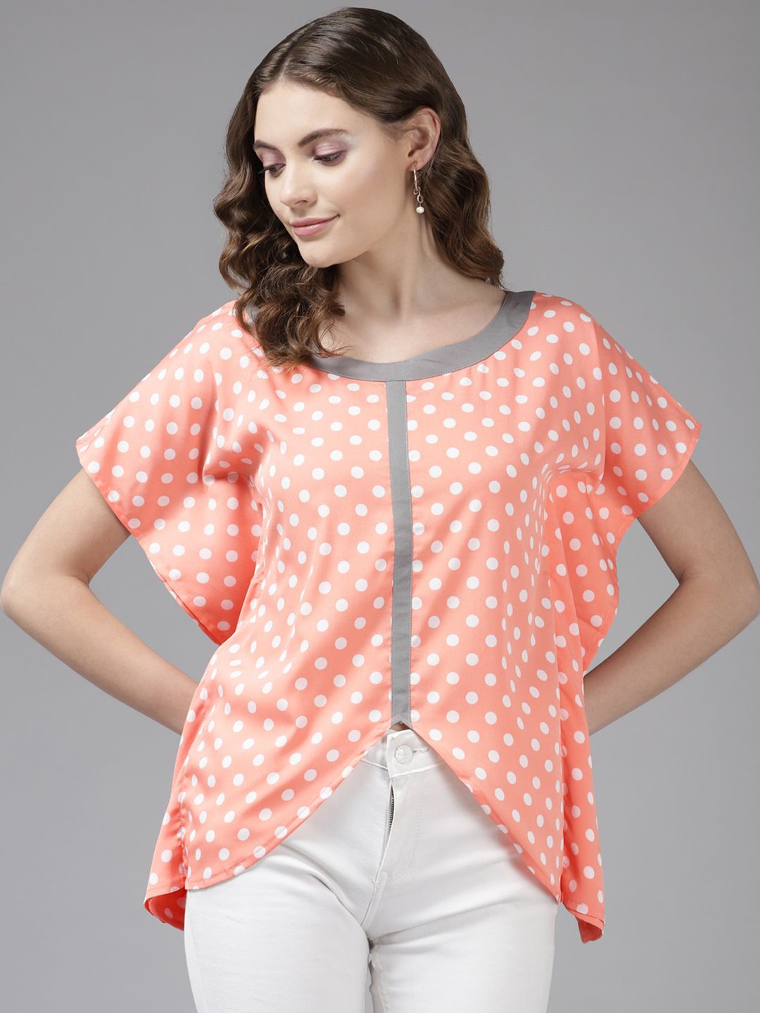 

BAESD Women Polka Dots Printed Round Neck Top, Peach