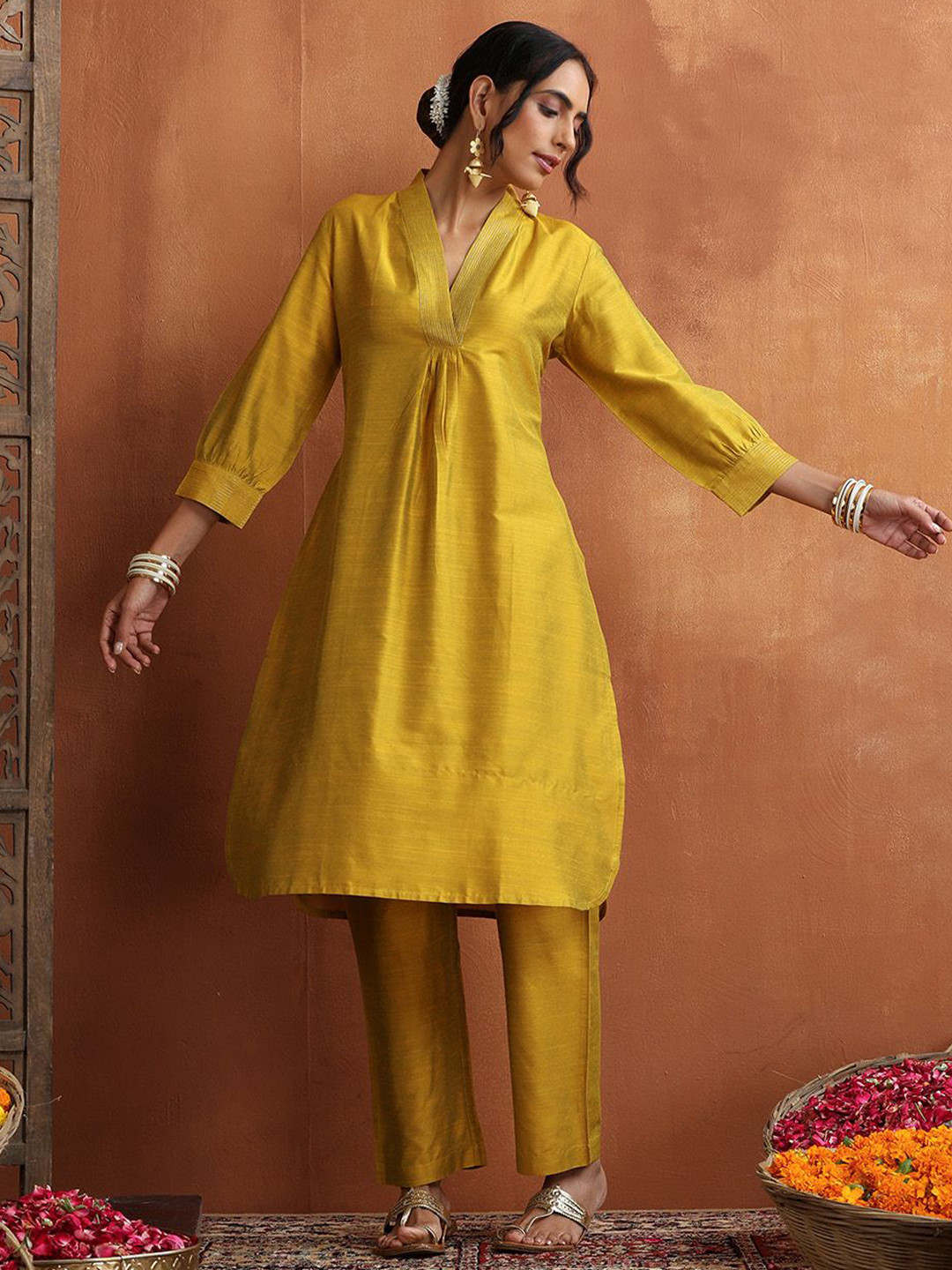 

House of Chikankari Pleated Kurta with Harem Pants, Yellow