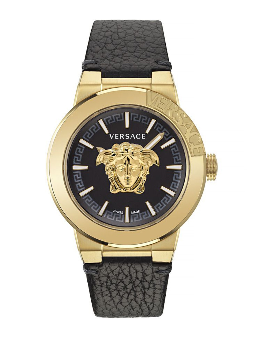 

Versace Men Brass Dial & Leather Straps Analogue Watch VE7E00223, Black