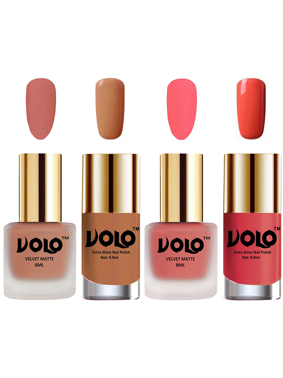 

VOLO Set Of 4 Velvet Matte & Extra Shine Nail Polish-8 ml & 9.9 ml Each Shade 38-41-64-49, Multi