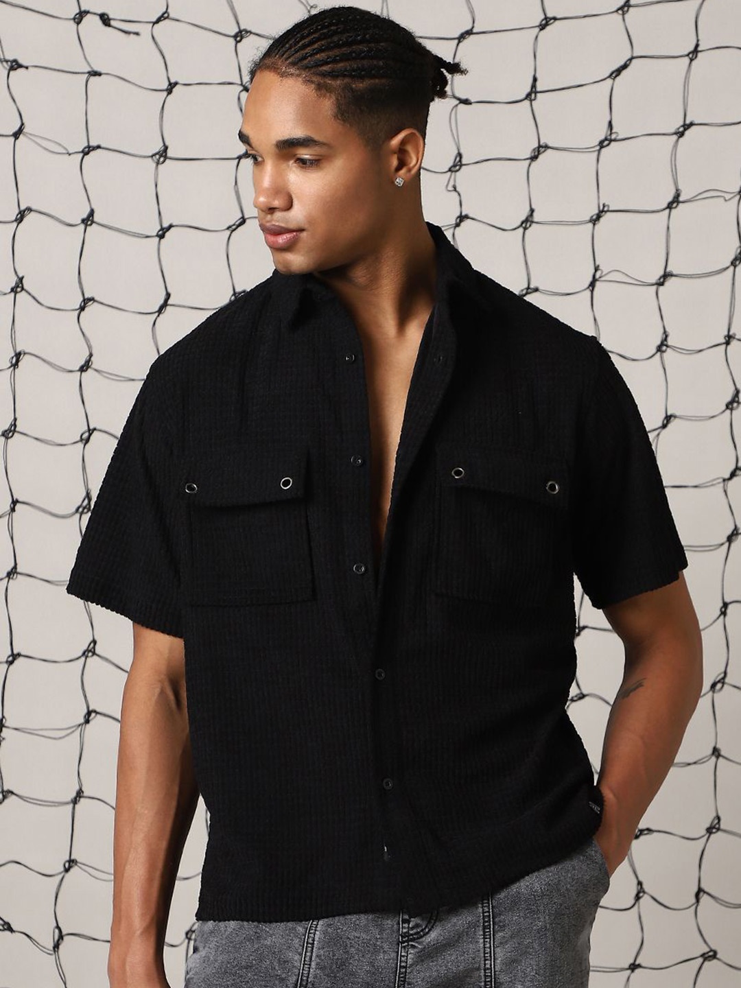 

Hubberholme Men Classic Fit Textured Oversized Casual Shirt, Black