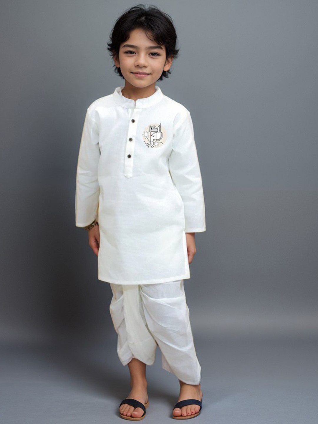 

DEVOILER Boys Cotton Printed White Romance Kurta