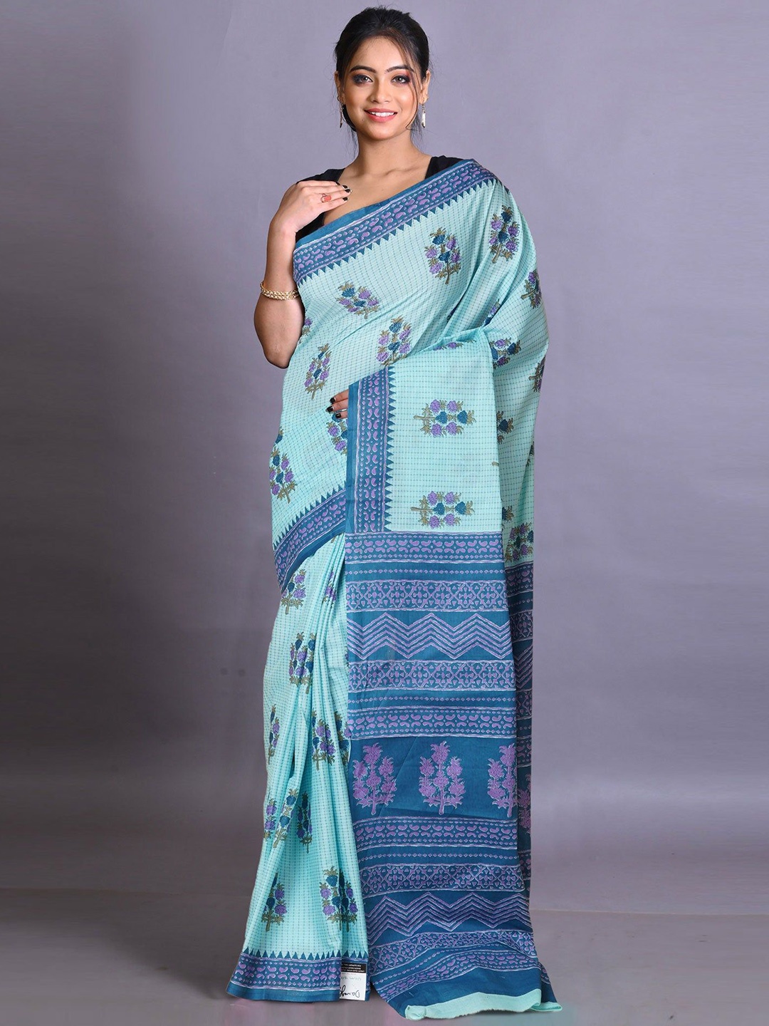 

Unnati Silks Floral Pure Cotton Handloom Block Print Saree, Blue