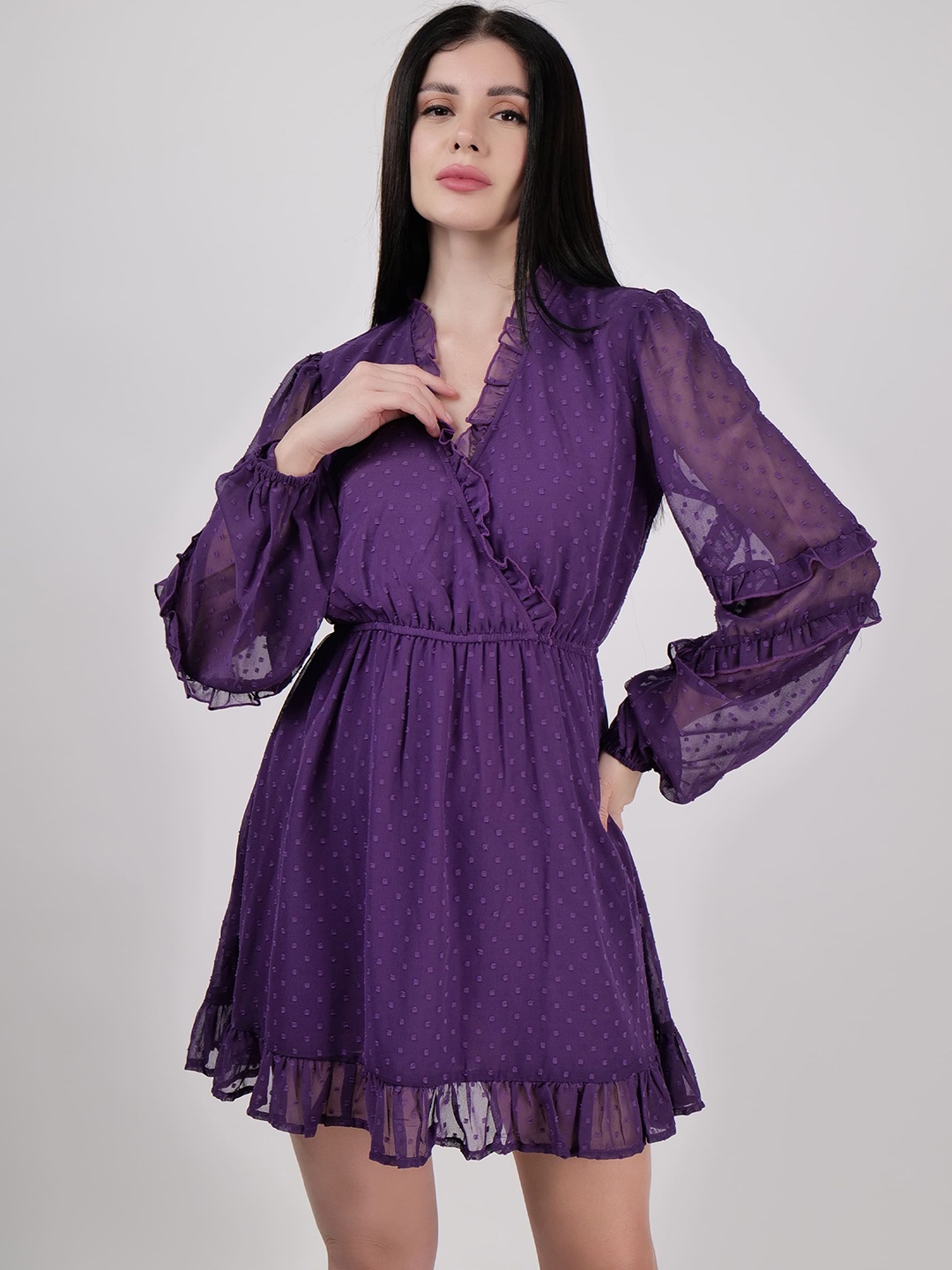 

DRIRO Puff Sleeve Georgette Wrap Dress, Purple