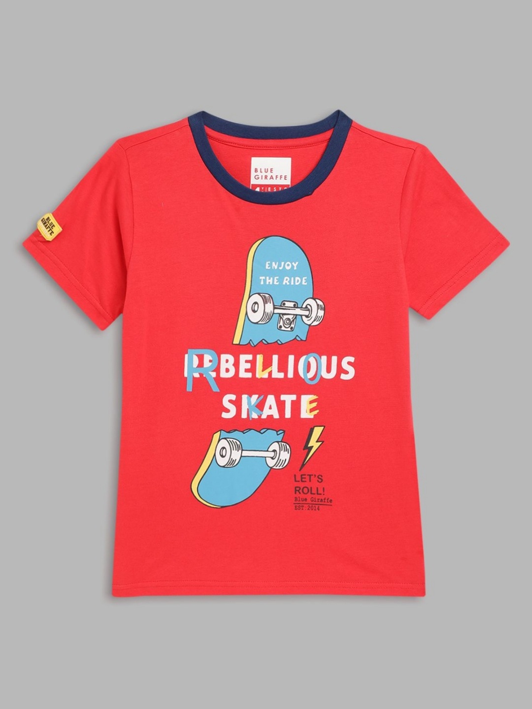 

Blue Giraffe Boys Graphic Printed Round Neck Cotton T-shirt, Red
