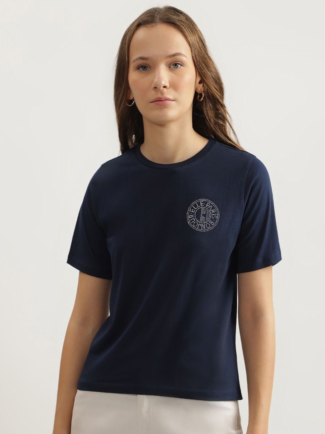 

ELLE Women Solid Round Neck Cotton Relaxed Fit T-shirt, Navy blue