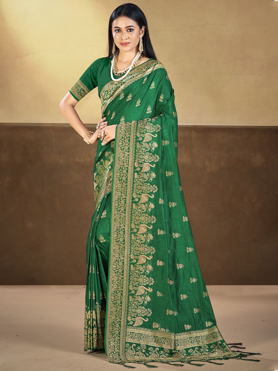 

SANGAM PRINTS Woven Design Zari Tussar Saree, Green