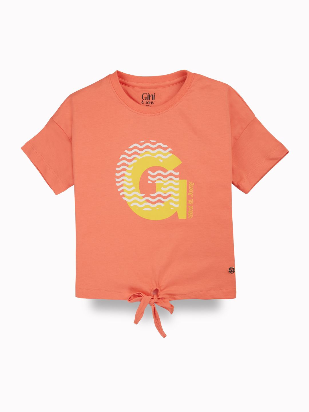 

Gini and Jony Girls Graphic Printed Round Neck Cotton T-Shirts, Coral