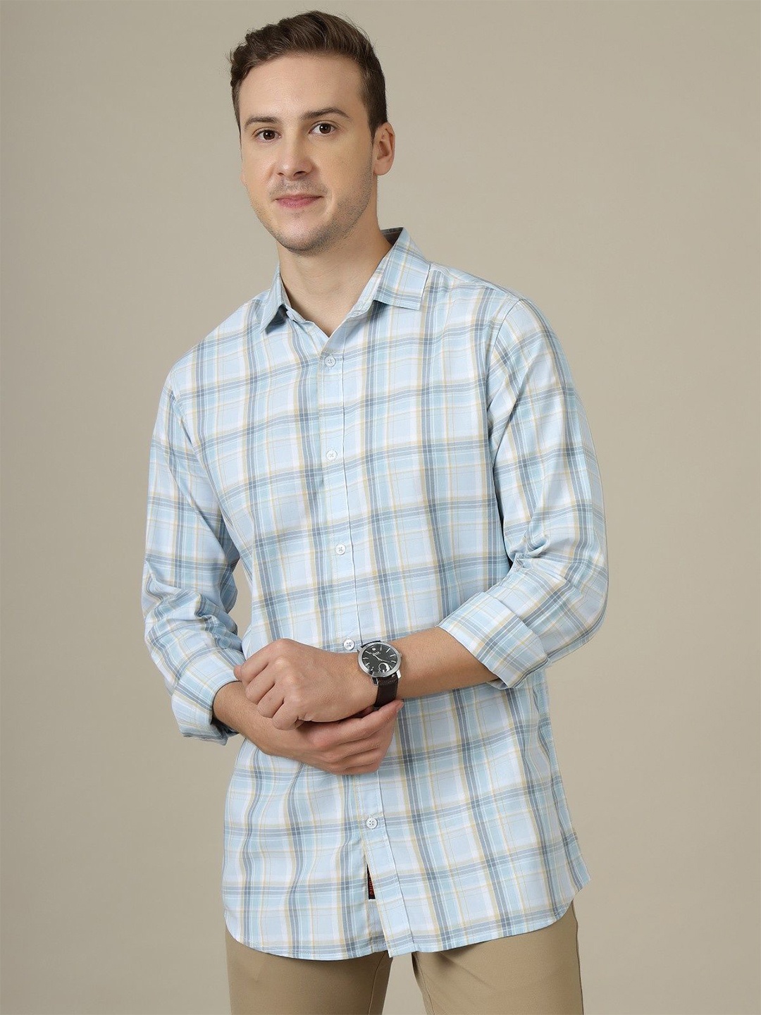 

Gavin Paris Men Relaxed Spread Collar Checked Cotton Semiformal Shirt, Blue