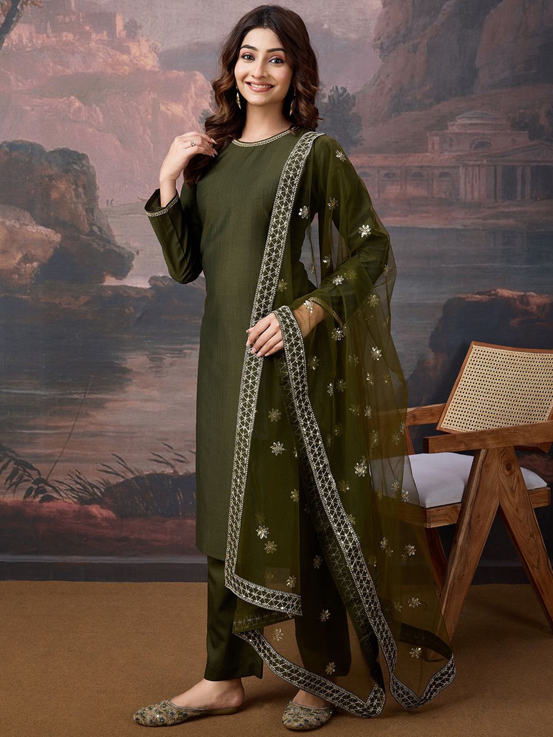 

House of Pataudi Women Embroidered Kurta & Trouser With Dupatta, Green