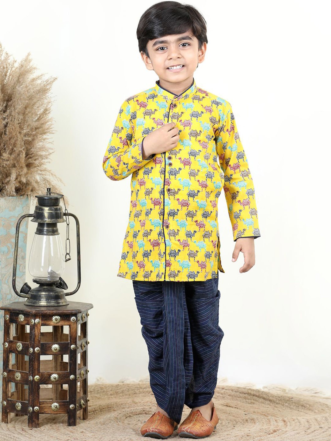 

Here&Now X Kinder Kids Boys Animal Printed Pure Cotton Kurta with Dhoti Pants, Yellow