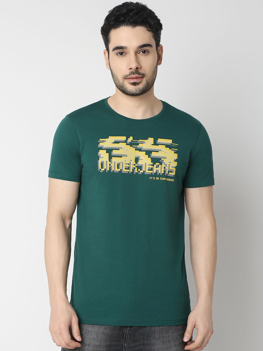 

UnderJeans by Spykar Men Cotton Printed Round Neck Short Sleeves T-shirt, Green
