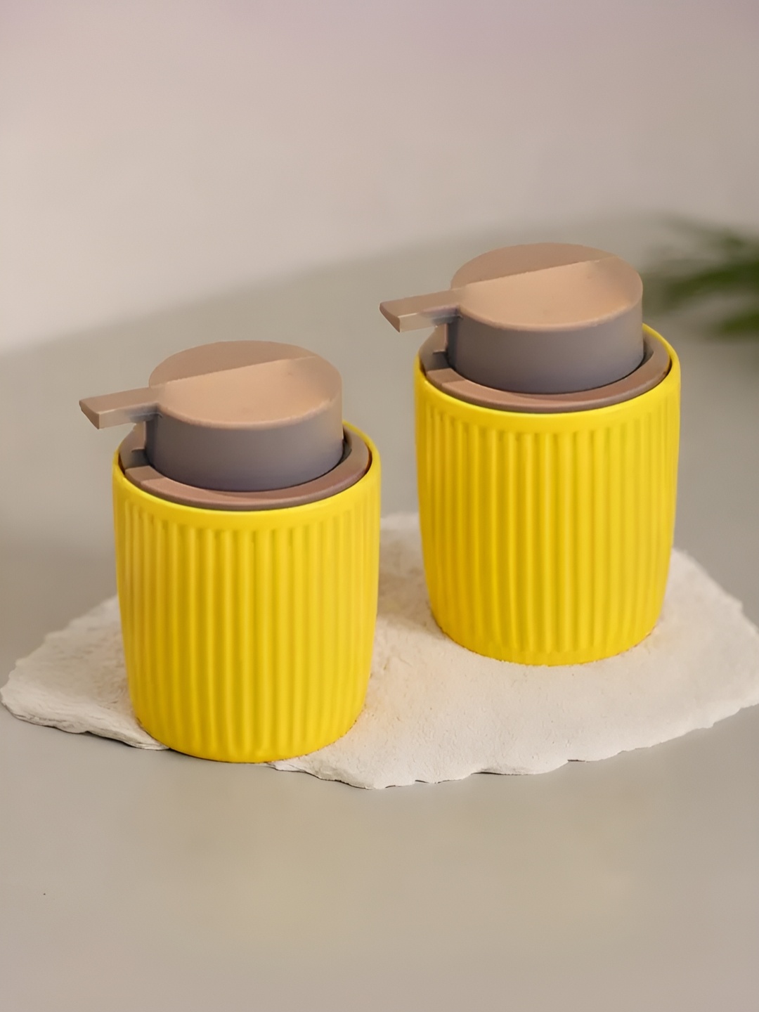 

UMAI Yellow & Beige 2 piece Striped Ceramic Soap Dispenser