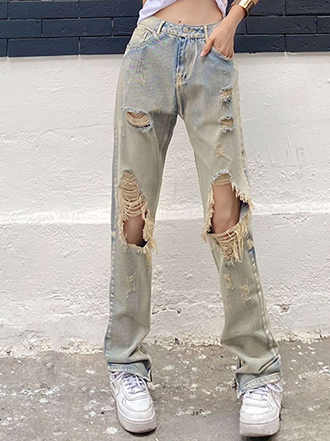 

LULU & SKY Women Straight Fit Highly Distressed Heavy Fade Cotton Jeans, Blue