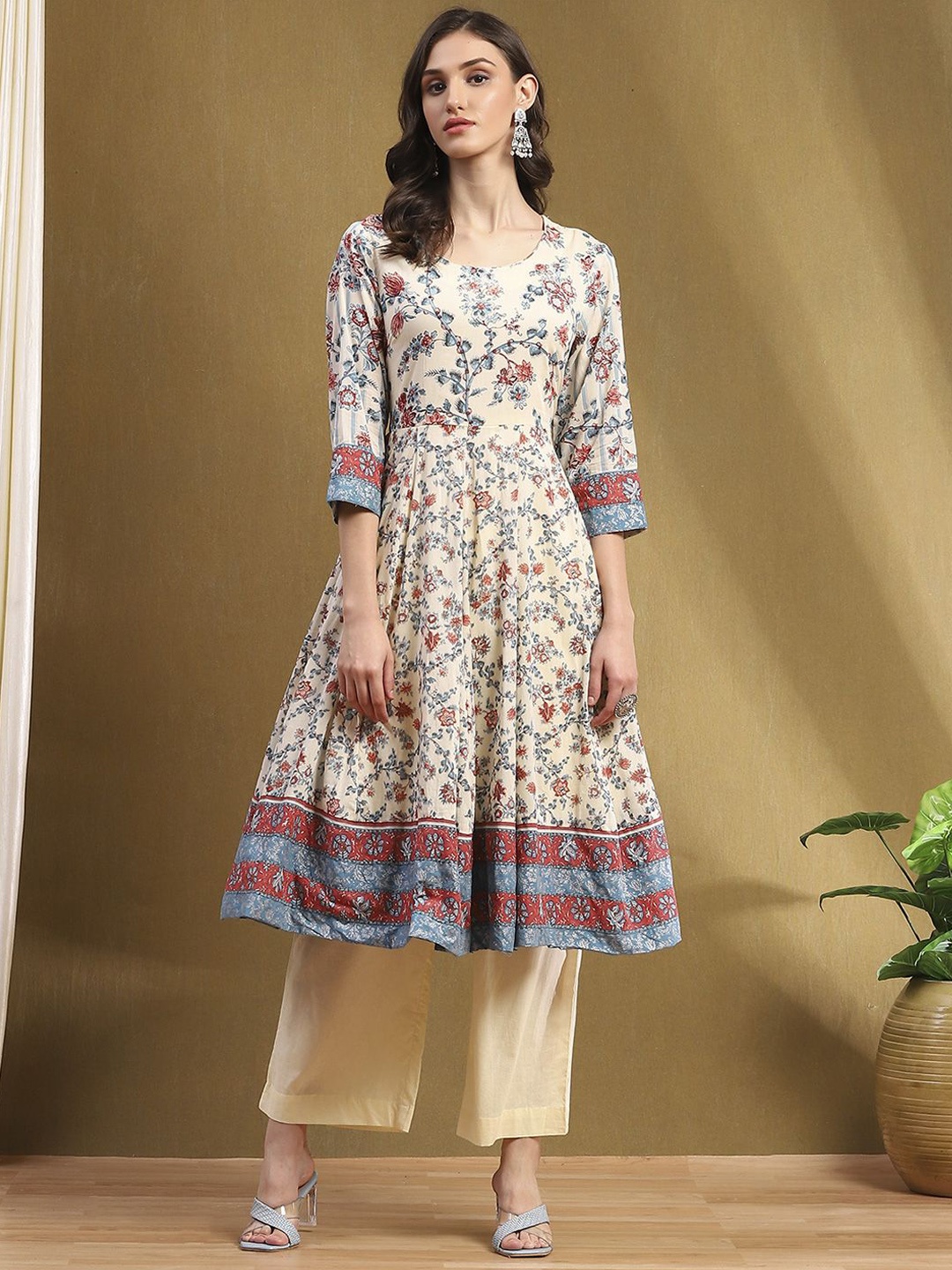 

Biba Women Pure Cotton Anarkali Kurta with Palazzos & With Dupatta, White