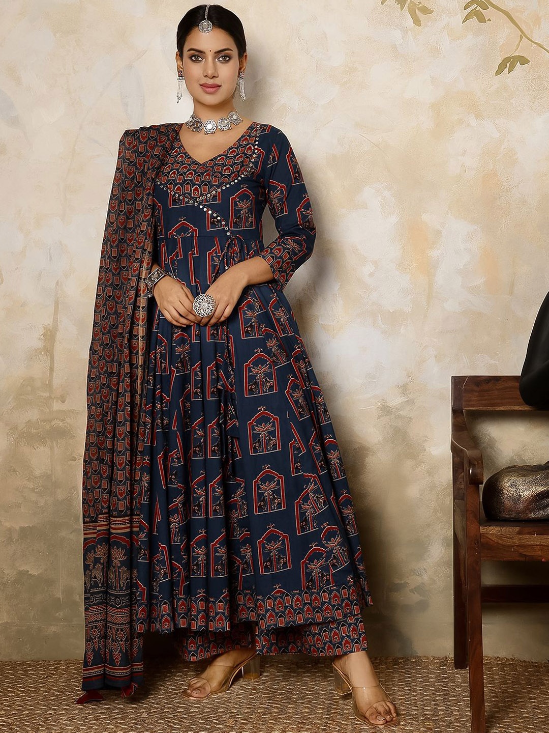 

GULMOHAR JAIPUR Women Printed Regular Pure Cotton Kurta with Palazzos & With Dupatta, Navy blue