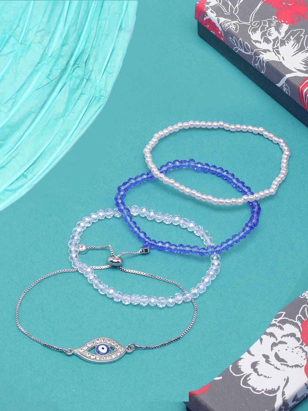 

KPOP Set Of 4 Rose Gold-Plated Stone Studded & Beaded Charm Bracelet