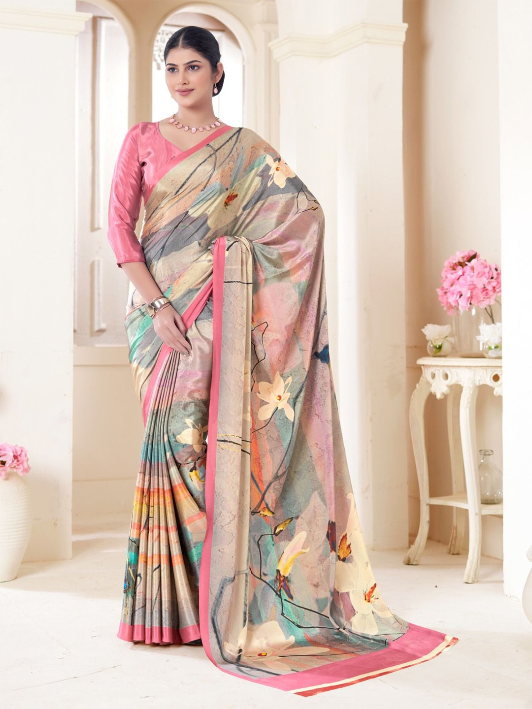 

JIVORA Printed Pure Silk Saree, Pink