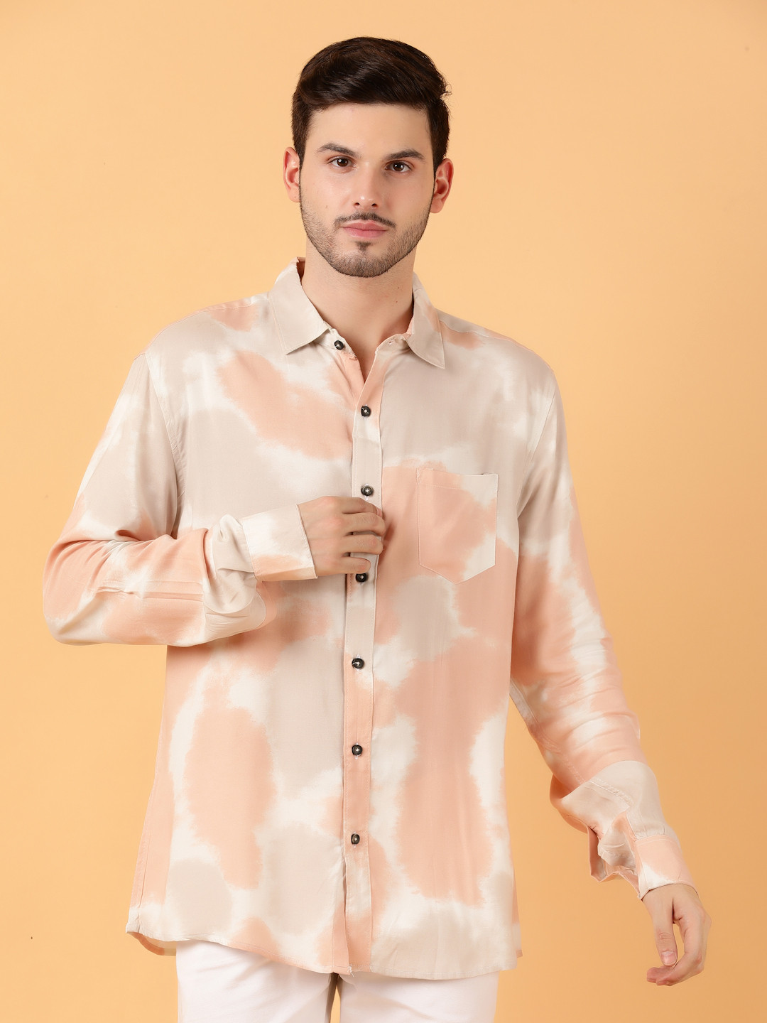 

Kotty Men Relaxed Spread Collar Graphic Printed Cotton Casual Shirt, Beige