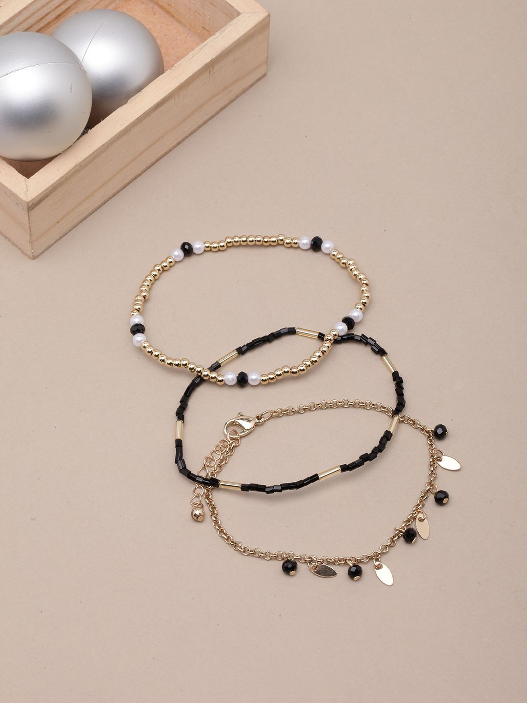 

KPOP Set Of 3 Gold-Plated Stone Studded & Beaded Charm Bracelets