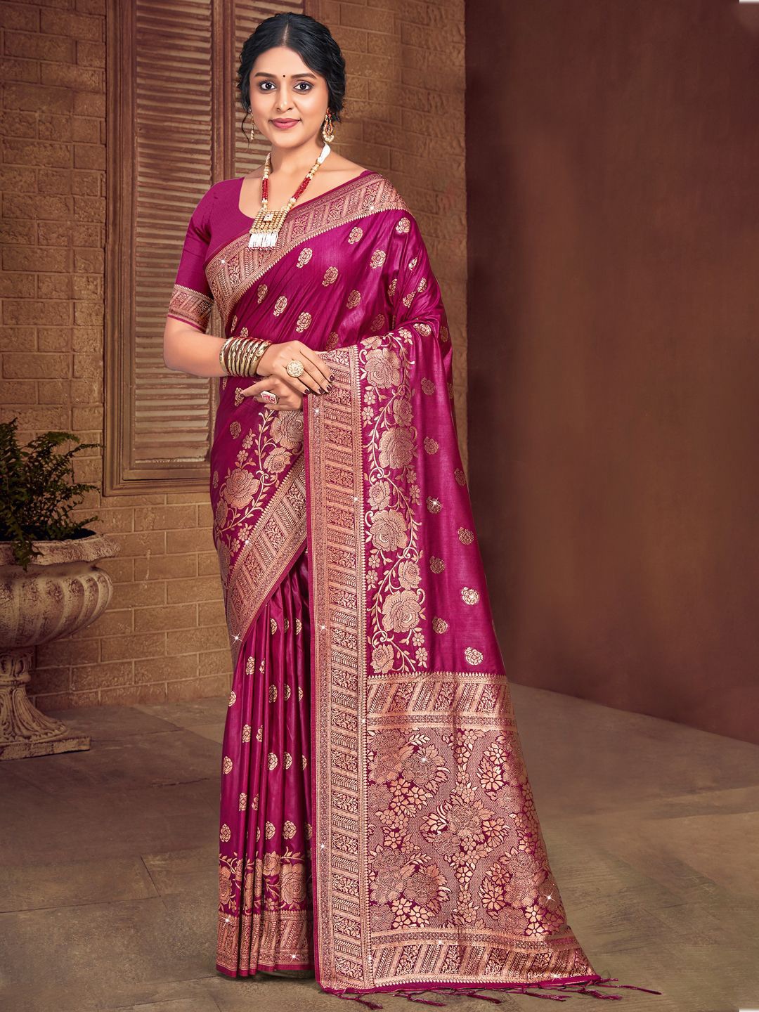 

SANGAM PRINTS Woven Design Zari Tussar Saree, Magenta