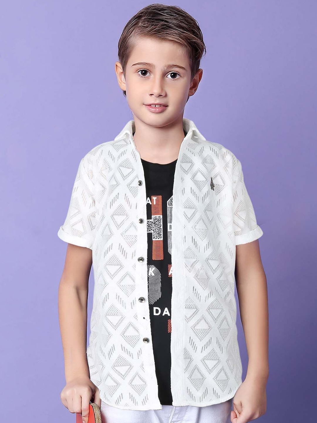

MashUp Boys Classic Spread Collar Textured Cotton Casual Shirt, White
