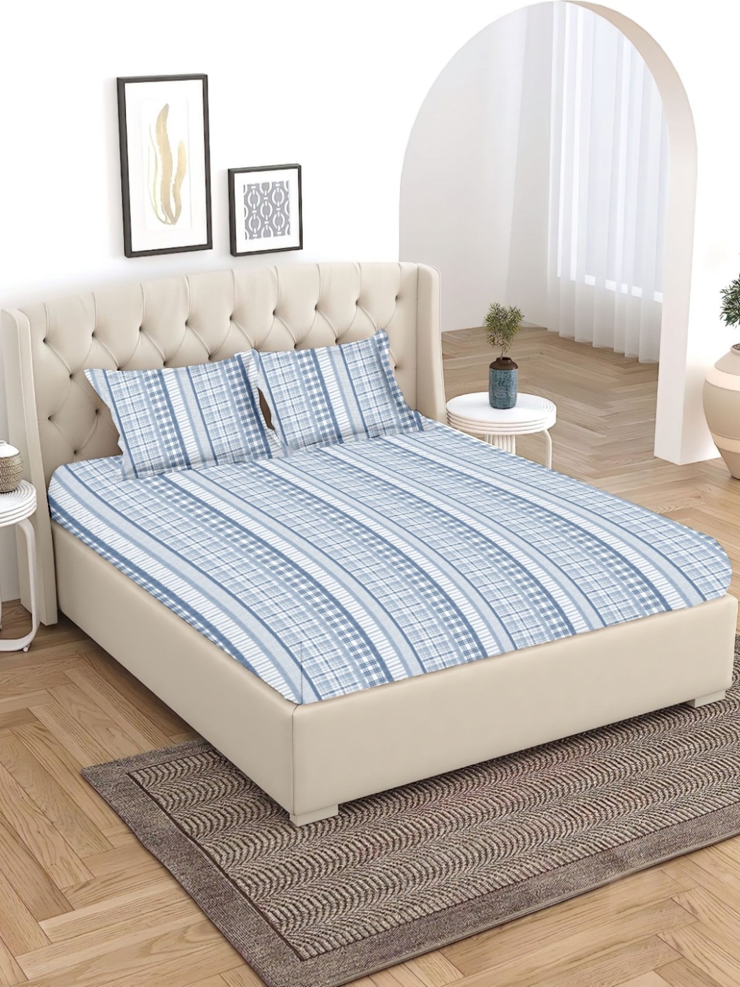 

HOME PLUS STUDIOS Turquoise Blue Geometric 120 TC Cotton King Bedsheet & 2 Pillow Covers